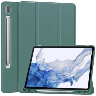 For Samsung Galaxy Tab S9 3-Fold Pure Color TPU Smart Leather Tablet Case with Pen Slot(Dark Green)