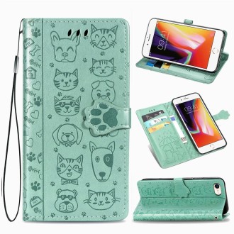 For iPhone SE 2022 / SE 2020 Cute Cat and Dog Embossed Horizontal Flip Leather Case with Bracket / Card Slot / Wallet / Lanyard(