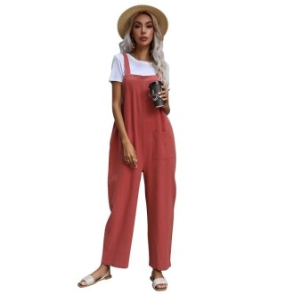 Ladies Solid Color Suspender Jumpsuit (S)