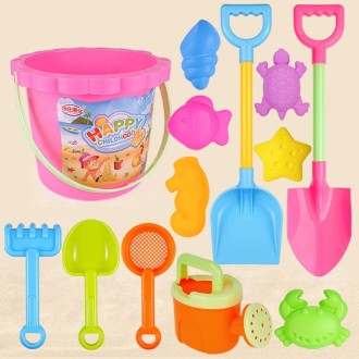 13pcs/Set Children Beach Toys Set Large Sand Shovel Bucket Sand Digging Tools Hourglass, Color: Pink Lace Barrel