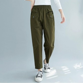 Plus Size Womens High Waist Loose Slim Cotton Casual Pants Harem Pants (Color:Green Size:XL)