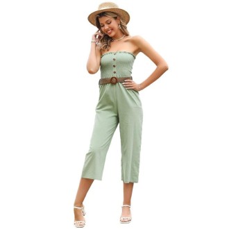 Women Solid Off Shoulder Lace-up Casual Draping Jumpsuit with Belt (Color:Green Size:XL)