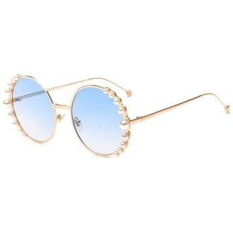 Women Sunglasses Metal Round Frame Pearl Embellished Sunglasses(Gold Frame Blue Lens)