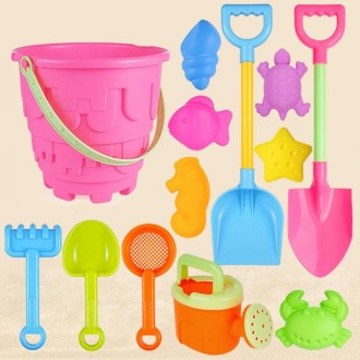 13pcs/Set Children Beach Toys Set Large Sand Shovel Bucket Sand Digging Tools Hourglass, Color: Pink Round Castle