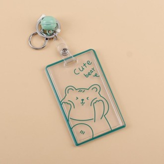 2 PCS Transparent Acrylic Push Pull Card Sleeve Bell Keychain Ring ID Card Sleeve(Bear)