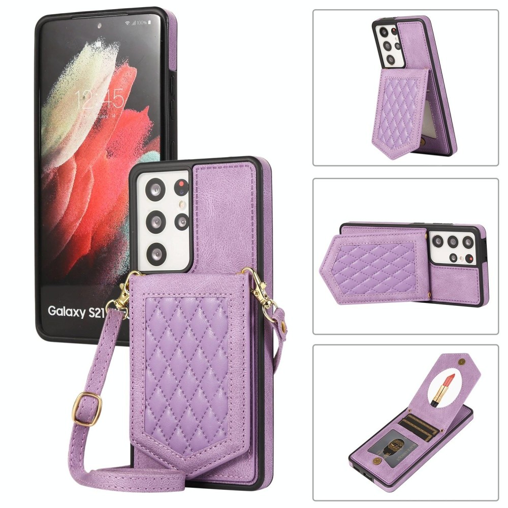 For Samsung Galaxy S21 Ultra 5G Rhombic Texture RFID Phone Case with Lanyard & Mirror(Purple)