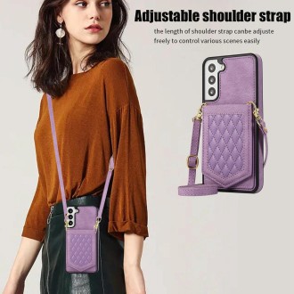 For Samsung Galaxy S21 Ultra 5G Rhombic Texture RFID Phone Case with Lanyard & Mirror(Purple)