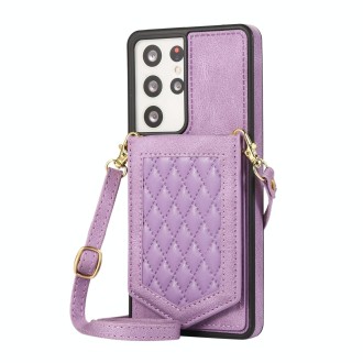 For Samsung Galaxy S21 Ultra 5G Rhombic Texture RFID Phone Case with Lanyard & Mirror(Purple)