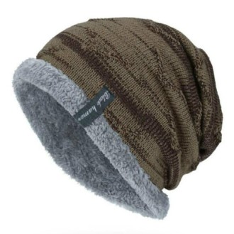 Winter Male Plus Velvet Warm Wool Hat Outdoor Sports Ski Knit Hat, Size:One Size(Khaki)