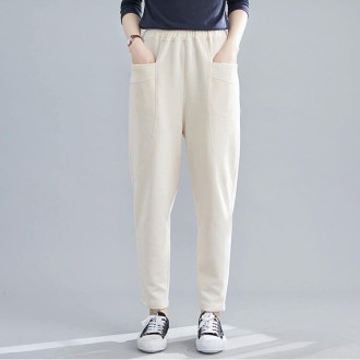 Loose Large Size Literary Vertical Pockets All-match Solid Color Slim Casual Pants (Color:Apricot Size:XL)