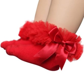 3 Pairs Bow Lace Socks Baby Cotton Ankle Socks, Size:S(Red)