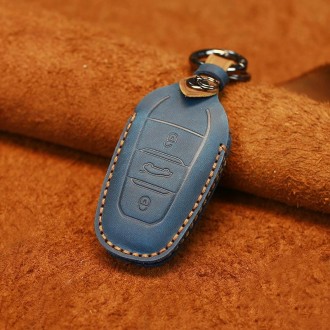 For PEUGEOT Car Cowhide Leather Key Protective Cover Key Case(Blue)