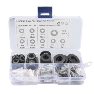 A5714 340 PCS 9 Sizes Black Carbon Steel Flat Washers Set