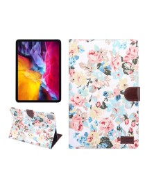 For iPad Pro 11 inch 2020 / 2021 PC + Left And Right Flowering Cloth Holster Wallet Card Holder With Dormancy(White Flower)