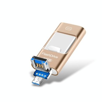 32GB USB 3.0 + 8 Pin + Mirco USB Android iPhone Computer Dual-use Metal Flash Drive (Gold)