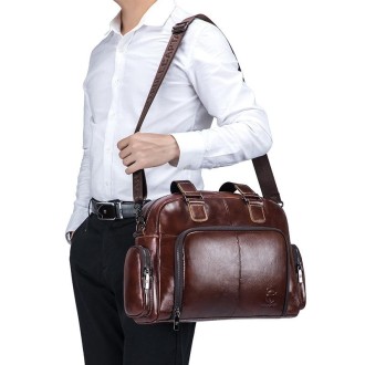 BULL CAPTAIN 0147 Leather Large Capacity Crossbody Travel Bag Briefcase(Brown)