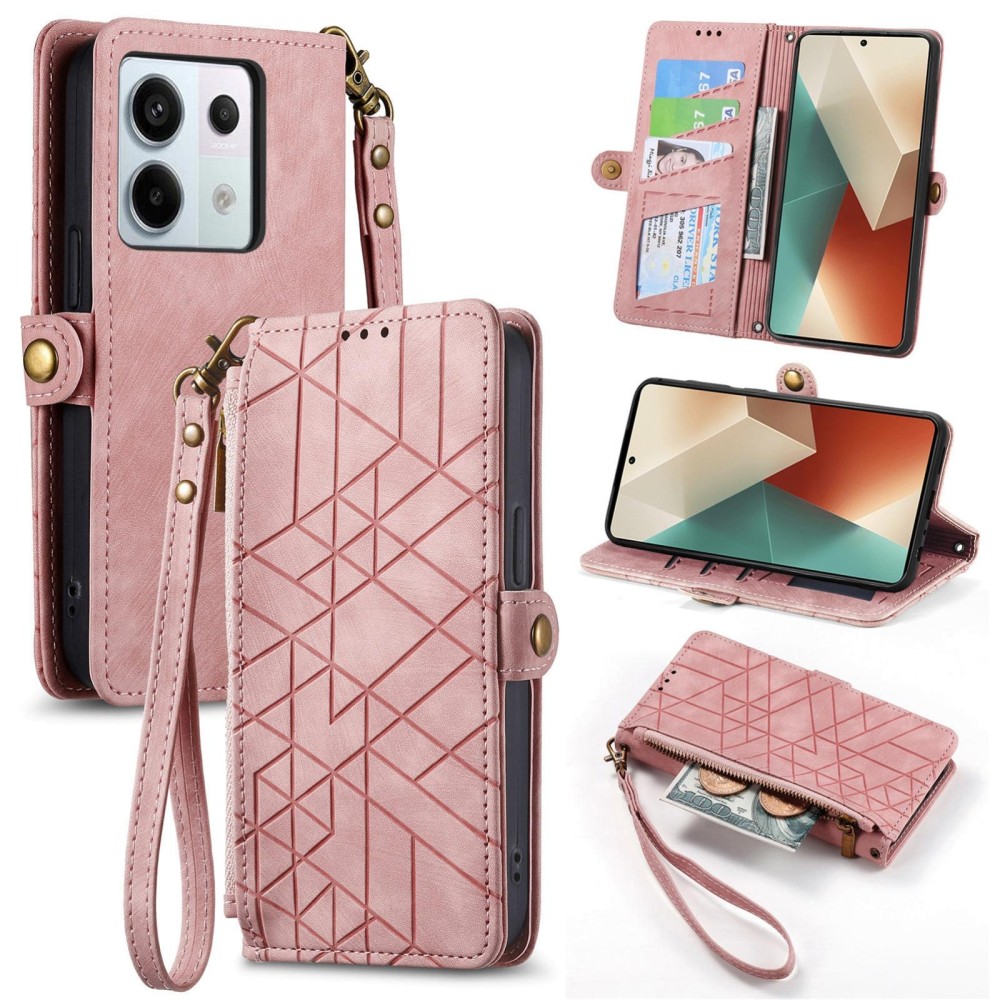 For Redmi Note 13 Pro 4G Geometric Zipper Wallet Side Buckle Leather Phone Case(Pink)