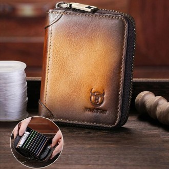 BULL CAPTAIN 475 RFID Anti-Theft Zipper Top-Layer Cowhide Multi-Card Slot Card Holder Wallet(Black)