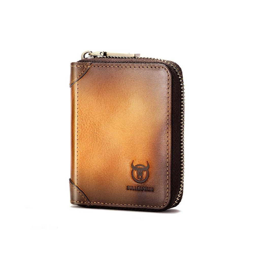 BULL CAPTAIN 475 RFID Anti-Theft Zipper Top-Layer Cowhide Multi-Card Slot Card Holder Wallet(Yellow)