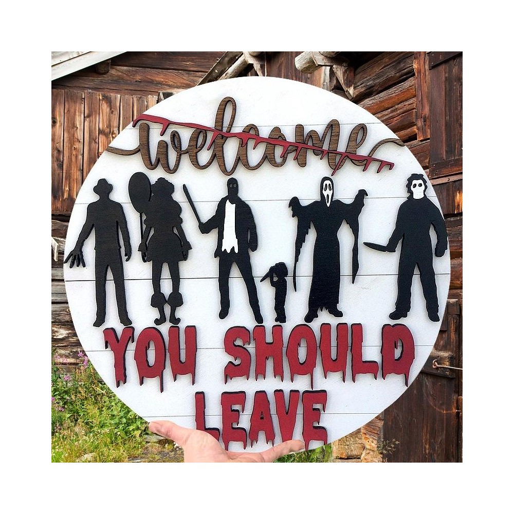 Flat Printing Version Halloween Wooden Decorative Door Sign Horror Welcome Sign(30 x 30 x 0.4cm)