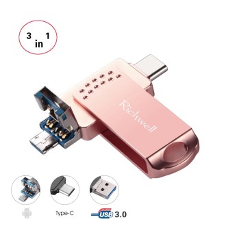 Richwell 3 in 1 32G Type-C + Micro USB + USB 3.0 Metal Flash Disk with OTG Function(Rose Gold)