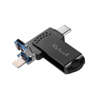 Richwell 128G Type-C + 8 Pin + USB 3.0 Metal Flash Disk with OTG Function(Black)