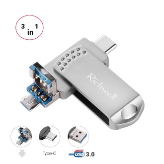 Richwell 3 in 1 128G Type-C + Micro USB + USB 3.0 Metal Flash Disk with OTG Function(Silver)