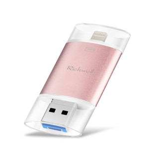 Richwell 3 in 1 64G Type-C + 8 Pin + USB 3.0 Metal Double Cover Push-pull Flash Disk with OTG Function(Rose Gold)