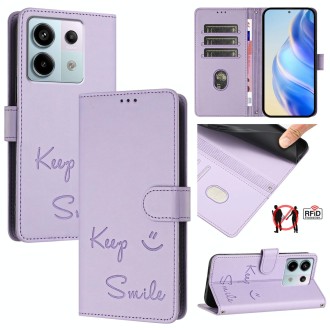 For Redmi Note 13 Pro 5G Global Smile Embossing RFID Leather Phone Case(Light Purple)