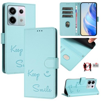 For Redmi Note 13 Pro 5G Global Smile Embossing RFID Leather Phone Case(Mint Green)