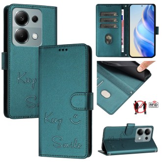 For Redmi Note 13 Pro 4G Global Smile Embossing RFID Leather Phone Case(Peacock Green)