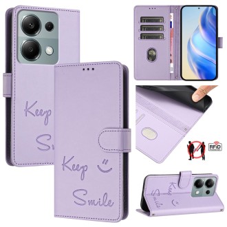 For Redmi Note 13 Pro 4G Global Smile Embossing RFID Leather Phone Case(Light Purple)