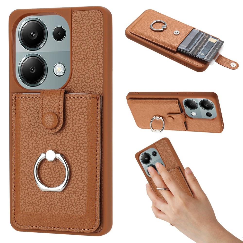 For Redmi Note 13 Pro 4G Litchi Texture Drawing Card Bag Ring Holder Phone Case(Brown)