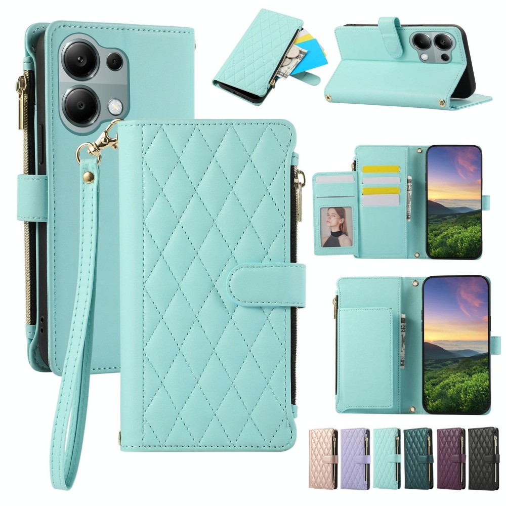 For Redmi Note 13 Pro 4G Rhombic Zipper Wallet Leather Phone Case(Cyan)