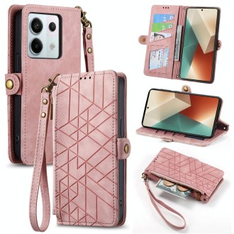 For Redmi Note 13 Pro 5G Global Geometric Zipper Wallet Side Buckle Leather Phone Case(Pink)