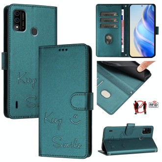 For itel A48 Smile Embossing RFID Leather Phone Case(Peacock Green)