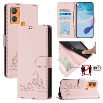 For Oukitel C33 Cat Rat Embossed Pattern RFID Leather Phone Case with Lanyard(Pink)