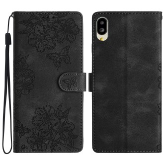 For Sharp Basio active SHG09 Cherry Blossom Butterfly Skin Feel Embossed PU Phone Case(Black)