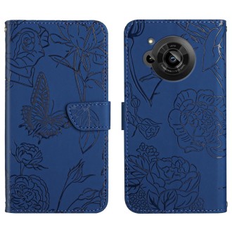 For Sharp Aquos R7 Skin Feel Butterfly Peony Embossed Leather Phone Case(Blue)