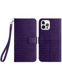 For iPhone 15 Pro Rhombic Texture Leather Phone Case with Lanyard(Purple)