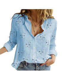 Spring And Autumn Casual Loose Long-Sleeved Breathable Linen Shirt, Size: XXL(Star Blue)
