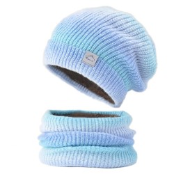 Autumn and Winter Gradient Colour Thickening Scarf Wool Cap Kit(Gradient  Blue)