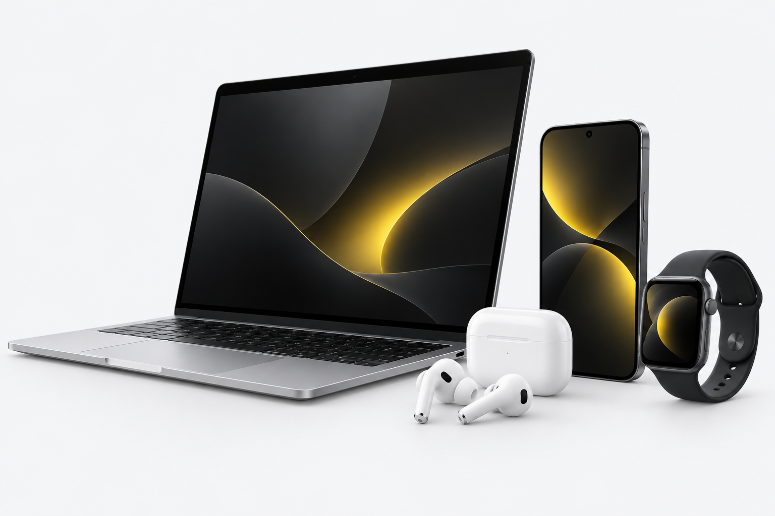 Illustration of a laptop, phone, earbuds and smartwatch